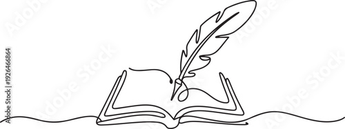 Continuous line design from old book and pen. one line Icon drawing