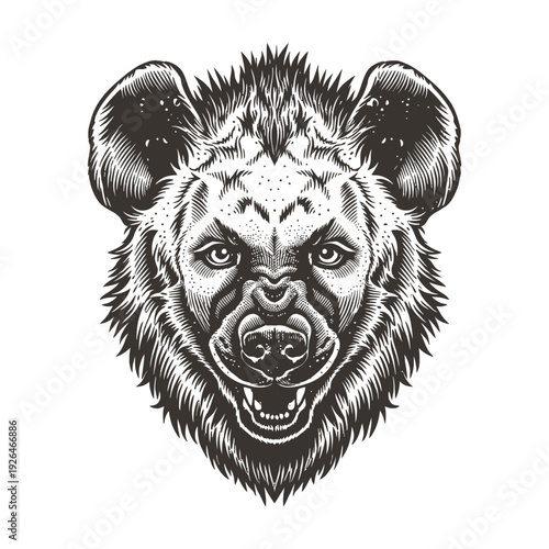 Striking vintage engraved hyena head illustration: an iconic African predator captured in detailed woodcut art. Intricate linework, classic stipple shading, raw strength. Perfect for retro designs, wi