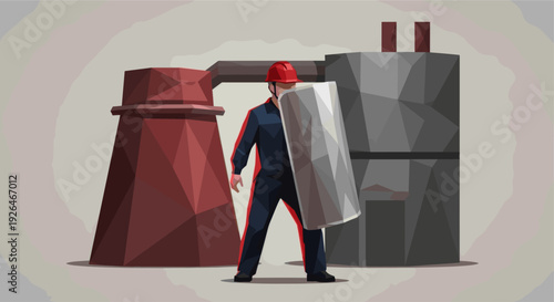 Low poly worker in hard hat holding shield stands in a factory setting, adding a layer of security to the industrial environment and offering themes of safety, protection, and labor.