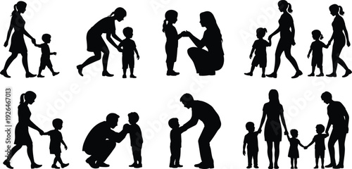 Set of black family silhouettes with parents and children in various poses including walking and playing isolated on white background.