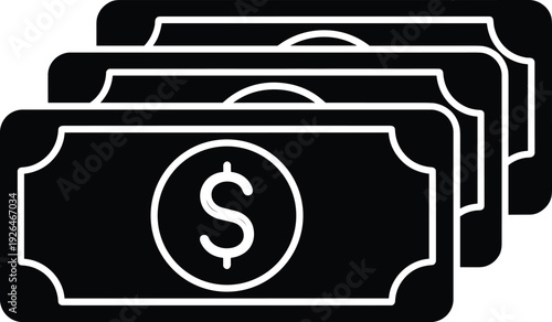 Black stacked dollar banknotes icon vector illustration isolated on light background, money cash symbol representing finance, business income, payment transaction and flat design concept