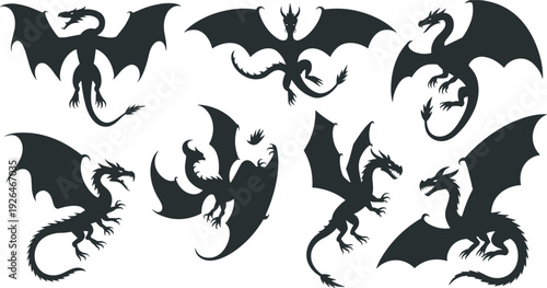 Set of black dragon silhouettes in various flying and standing poses isolated on white background for fantasy and mythology design.