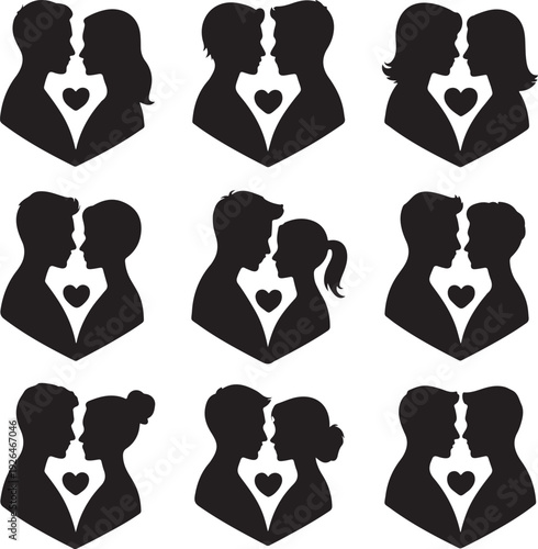 black silhouettes of couples kissing with hearts