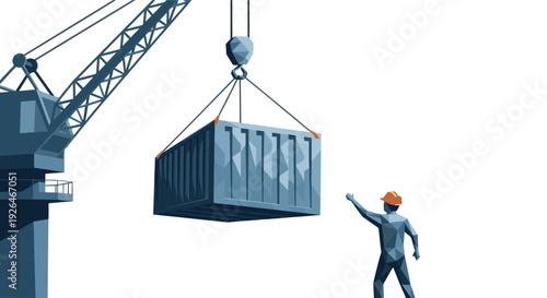An illustration depicts a crane lifting a blue shipping container near a worker wearing a hard hat against a clean white backdrop, symbolizing industry and global trade.
