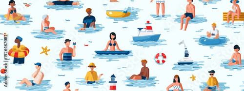 Summer Beach Vacation Illustration with People Swimming and Relaxing