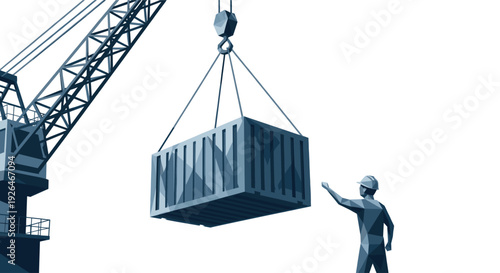 Abstract illustration shows a crane lifting a shipping container, with a worker guiding the process; conveys industrial activity and global trade themes.