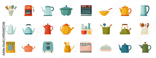 Modern Kitchen Appliances and Utensils Flat Illustration Set