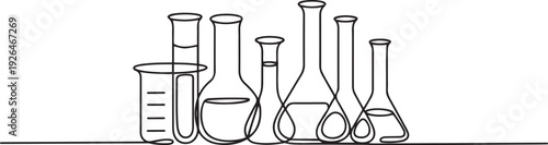 One continuous line of a collection of glass tubes of chemical lab equipment. one line Icon drawing