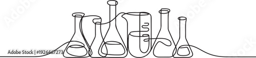 One continuous line of a collection of glass tubes of chemical lab equipment. one line Icon drawing