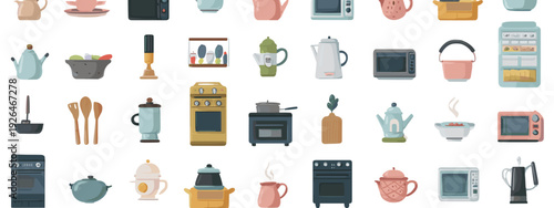 Modern Kitchen Appliances and Utensils Flat Illustration Set