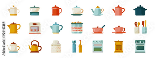Modern Kitchen Appliances and Utensils Flat Illustration Set