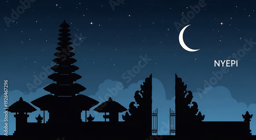 Silhouette of Balinese temple and trees under starry night sky with crescent moon