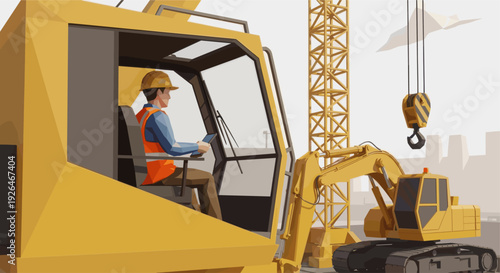 Illustration depicts a construction worker operating heavy machinery at a construction site, highlighting safety and the use of technology. Features a modern, stylized design.