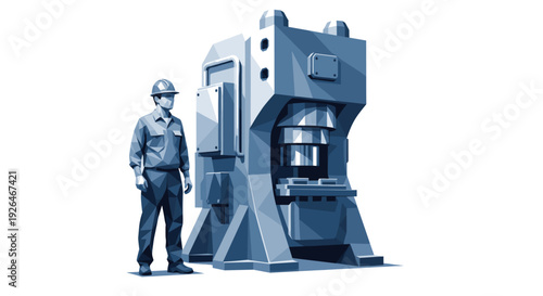 Illustration of a worker standing next to a hydraulic press machine, created in a polygonal style and monochrome blue. Good for industrial concepts.