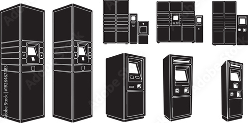 Collection of black vending machines in various sizes shown