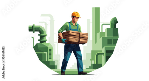 A stylized illustration shows a construction worker carrying a stack of lumber, set against a backdrop of industrial machinery, evoking themes of labor, industry, and building.