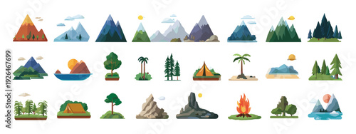 Set of Mountain and Forest Landscape Icons in Flat Design Isolated on White