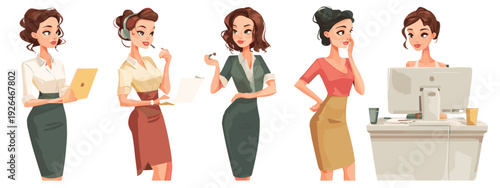 Set of Retro Business Women Characters in Different Office Poses Isolated on White