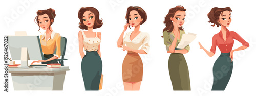 Set of Retro Business Women Characters in Different Office Poses Isolated on White