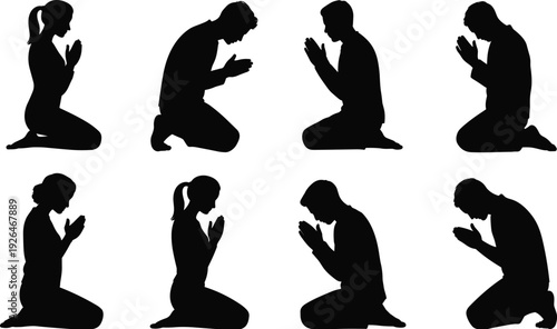Set of black silhouettes of people kneeling and praying in various spiritual poses isolated on white background for religious design.
