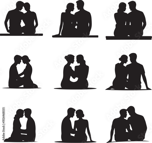 black silhouettes of couples sitting and kissing in various romantic poses