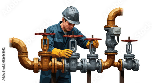 Illustration of a worker in safety gear adjusting multiple valves on a complex network of interconnected pipes, rendered in a low poly style with shades of bronze, grey, and red.