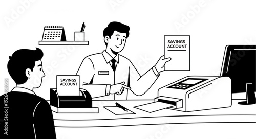 Bank Clerk Showing Savings Account.