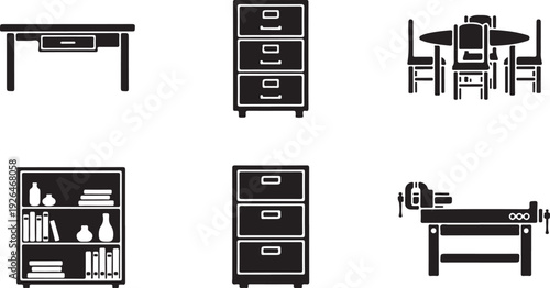 Black Silhouette Icons of Furniture Including Desk Filing Cabinets Dining Set and Workbench