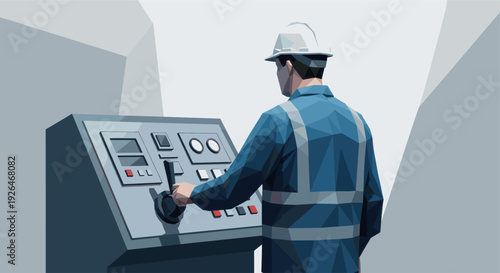 Rear view of a worker in a hard hat and blue uniform operating machinery at a control panel, showcasing modern industrial operation and abstract geometric style.
