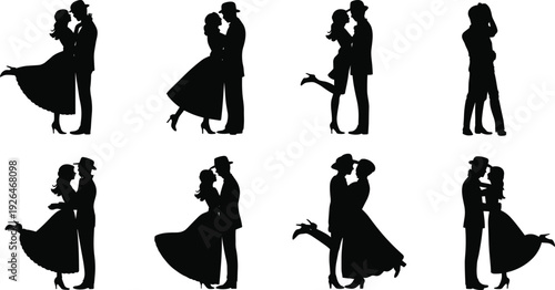 Set of black romantic couple silhouettes with vintage style outfits including hats and dresses isolated on white background for design.