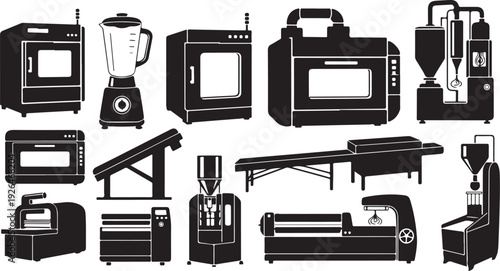Collection of kitchen appliances and machinery in black icons