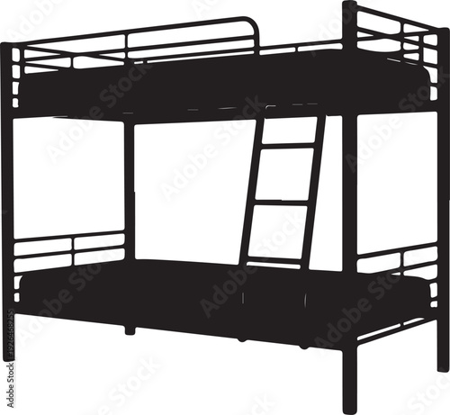 Black Silhouette of a Metal Bunk Bed with Ladder on White Background furniture bedroom