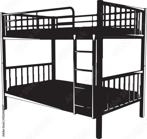 Black Silhouette of a Metal Bunk Bed with Ladder furniture black and white