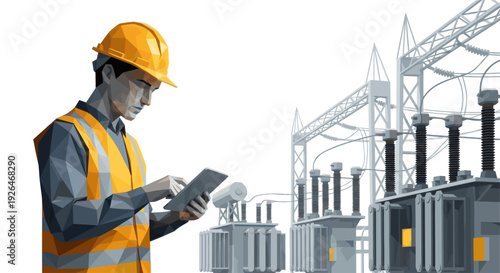 Polygonal vector art of a worker in a hardhat and vest inspecting electrical transformers using a tablet, at a power substation with a white background.