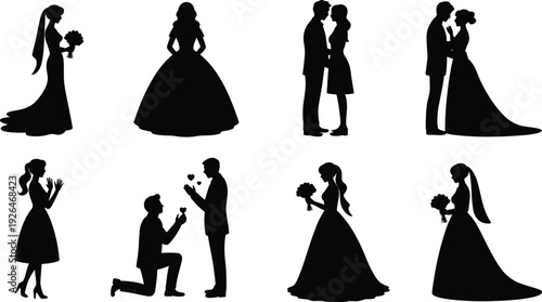 Set of black wedding silhouettes with brides in dresses grooms and romantic couples in various poses isolated on white background.