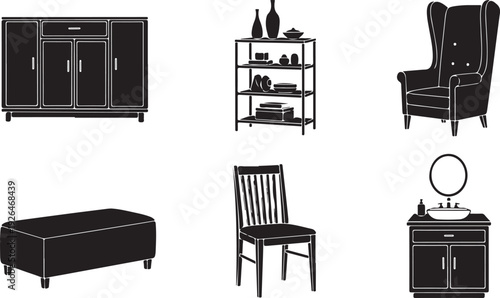 Collection of Black Furniture Silhouettes on White Background vector illustration