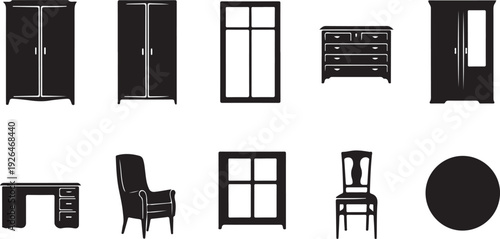 Collection of Black Silhouette Furniture and Window Icons wardrobe closet