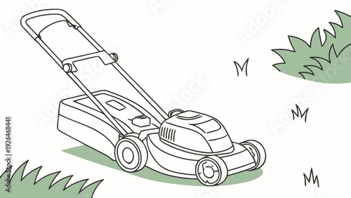 Lawn mower cutting grass in a garden with green bushes