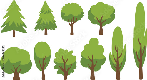 Set of flat green tree icons with various species including pine cypress and deciduous trees isolated on white background vector.