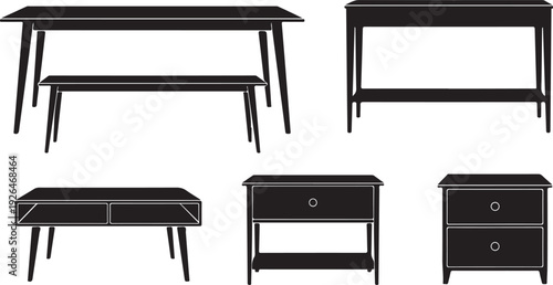 Collection of black silhouette furniture items on a white background table desk