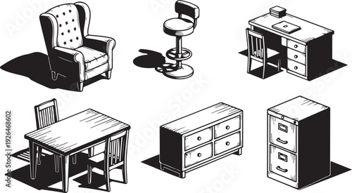 Isometric illustrations of furniture including armchair desk and filing cabinet interior