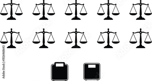 Set of black justice scales and briefcase icons vector illustration isolated on light background, legal law balance symbols representing court, attorney, judiciary and business concepts