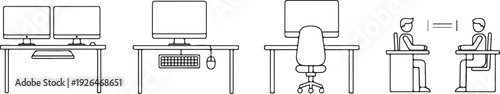 Line Art Icons of Computer Workstations and People desk office