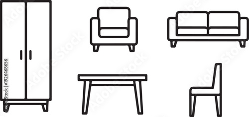 Line Art Icons of Furniture Including Wardrobe Sofa Table and Chair closet