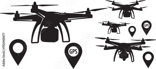 Drone Silhouettes with GPS Navigation Icons on White Background