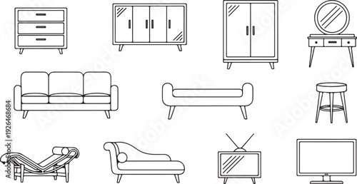 Line Art Icons of Various Furniture Pieces Including Dresser Wardrobe Sofa and TV