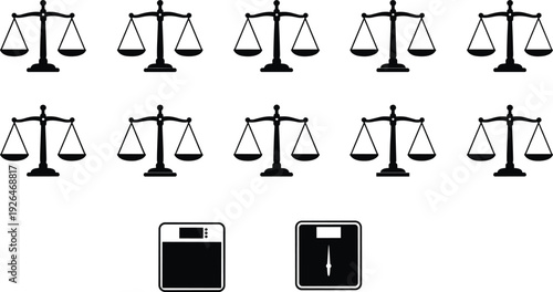 Set of black justice scales and weighing scale icons vector illustration isolated on light background, legal balance symbols representing law, fairness, measurement and business concepts