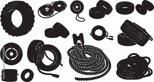 Collection of various ropes and cords in black silhouettes