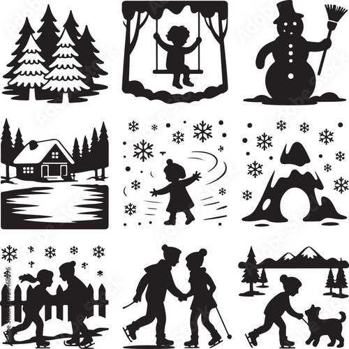 black silhouettes of people and animals in winter scenery and activities