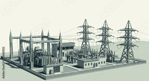 Isometric illustration of an electrical substation with power lines and equipment on a fenced platform, rendered in desaturated greens and grays; suitable for illustrating energy infrastructure.